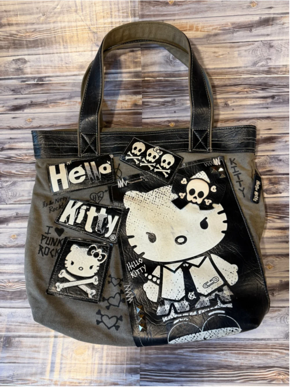 Rare Hello Kitty 2012 Graphic Patchwork Punk Loungefly Tote Bag Sanrio Y2K